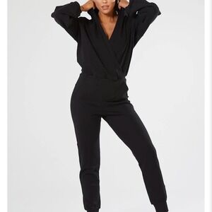 NAMA Women Black Hooded Wrap Front Fleece Jumpsuit Jogger Loungewear Size Medium
